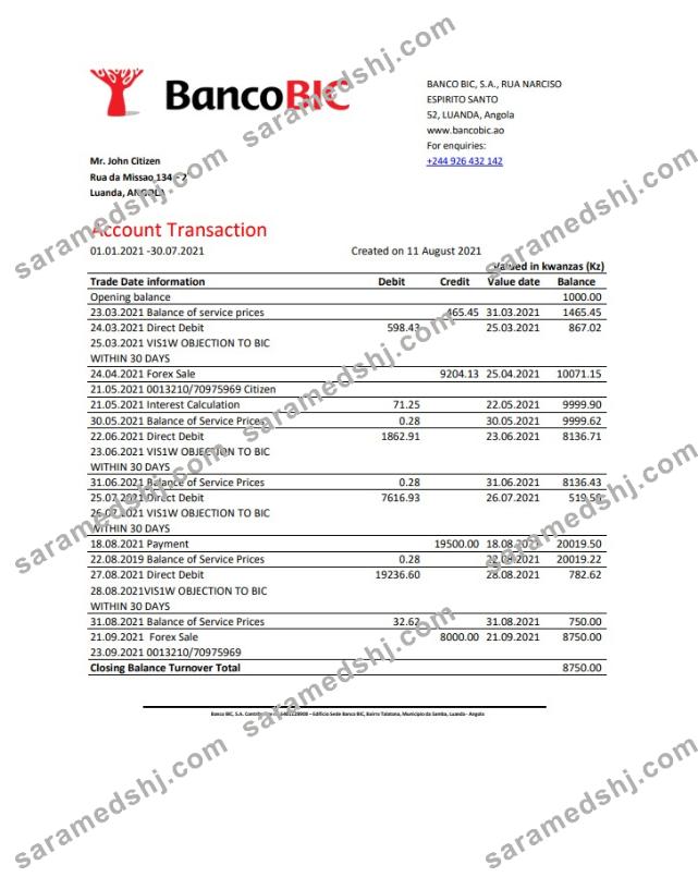 Angola Banco BIC bank statement template in Excel and PDF format